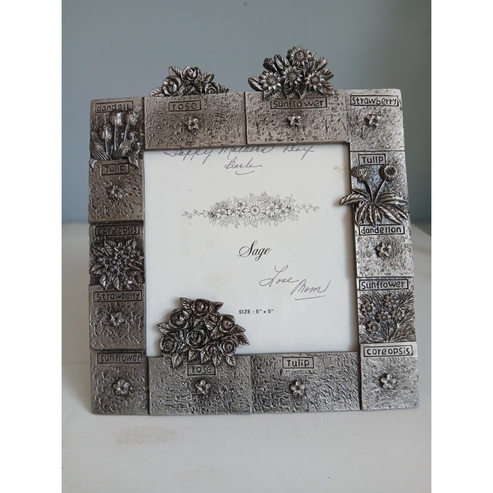 Vtg Sage  Floral Pewter Picture Frame  5 X 5 Rose Tulip Sunflower Strawberry